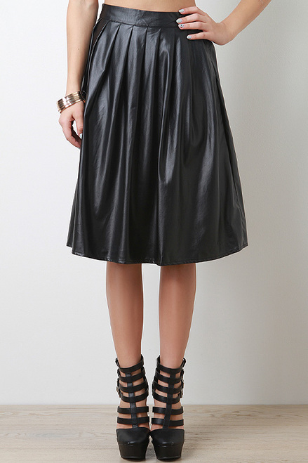Crinkled Leatherette Midi Skirt