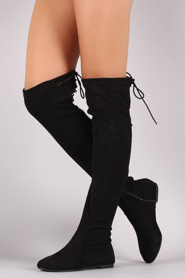 Back Lace Up Over-The-Knee Suede Flat Boots